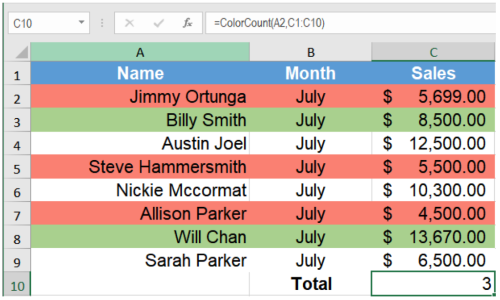 count a color in excel for mac