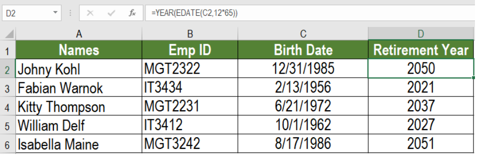 Excel formula Calculate retirement date Excelchat