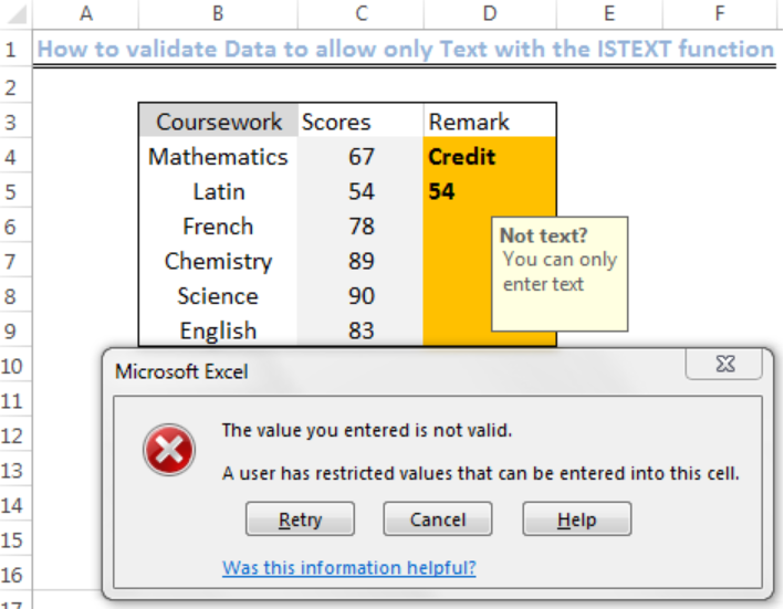 Excel formula: Data validation allow text only