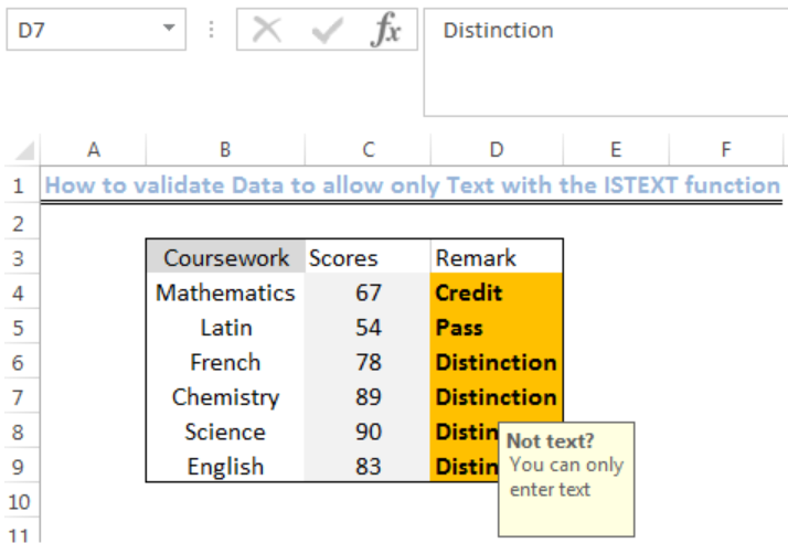 Excel formula: Data validation allow text only