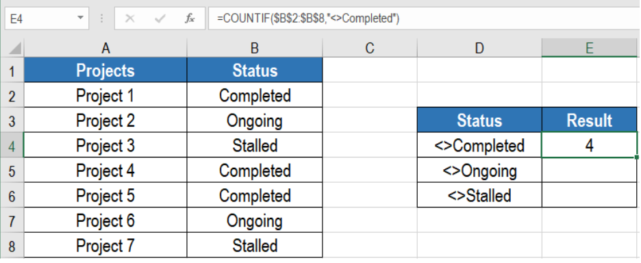 How to count cells not equal to a specified value in Excel