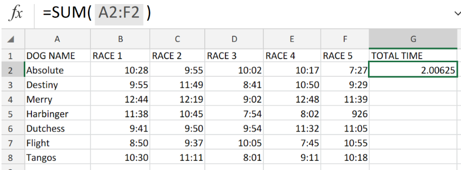 Sum race time splits - Excel formula