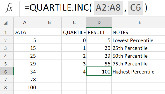 formula on mac excel for =quartile.inc