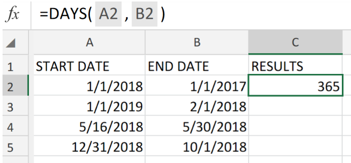 Days Formula Excel