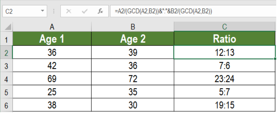 how to calculate ratio between two numbers in excel