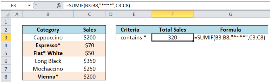 Excel formula: Sum if cells contain an asterisk - Excelchat