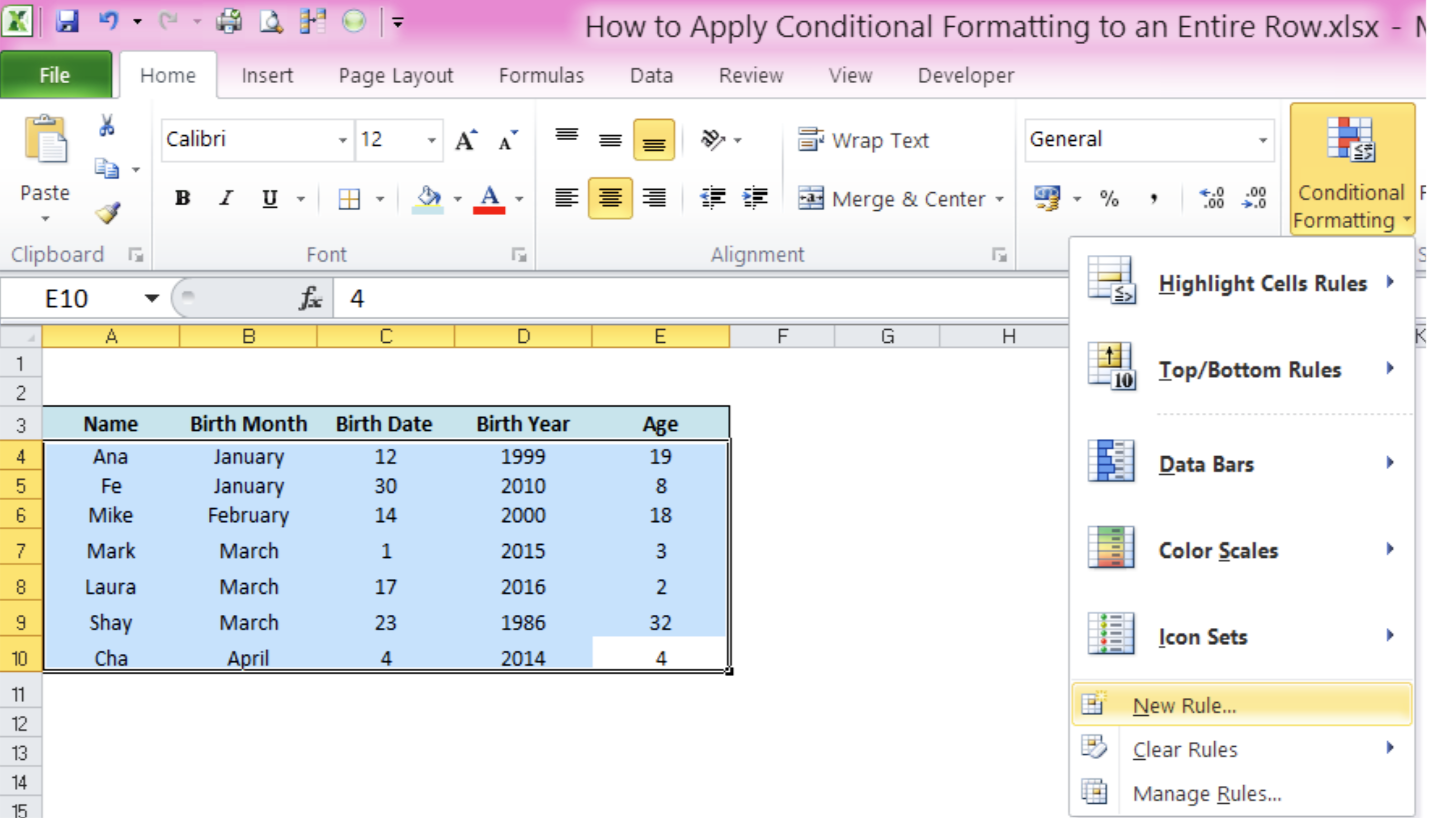 How to Apply Conditional Formatting to an Entire Row | Excelchat