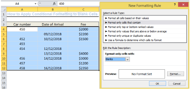 outlook conditional formatting blank cells