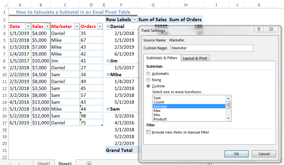 how to calculate subtotals in excel