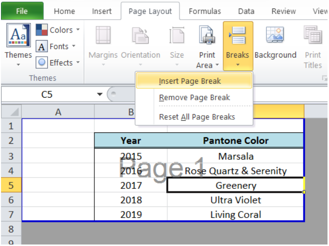 excel 2016 remove page break lines