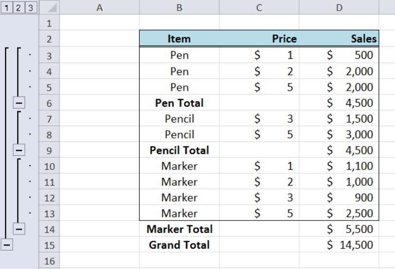 multiple subtotals in excel