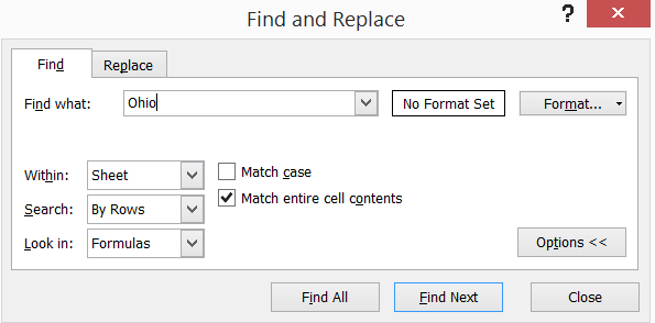 mac excel find and replace options