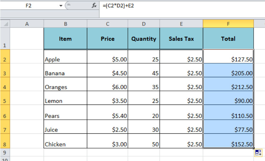 insert mac excel equation for column