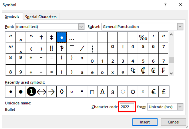 unicode command for bullet point