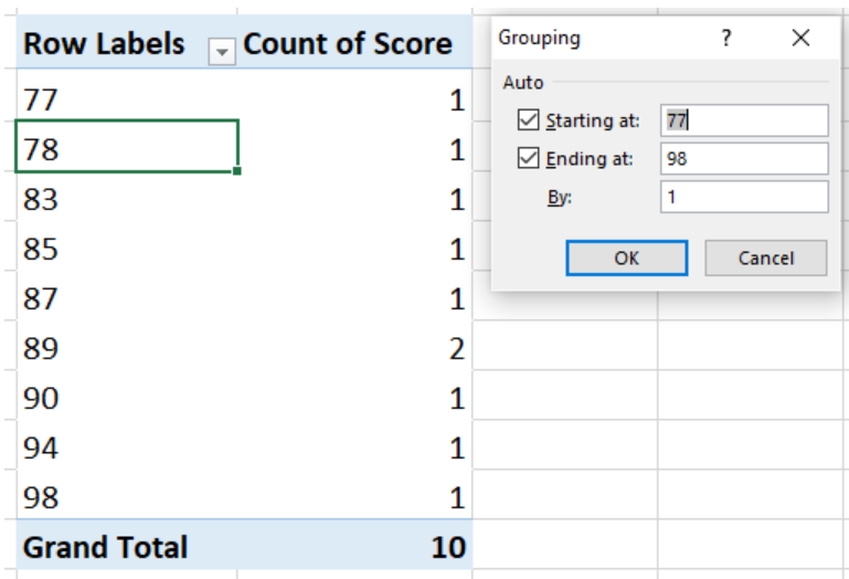 frequency distribution table on excel