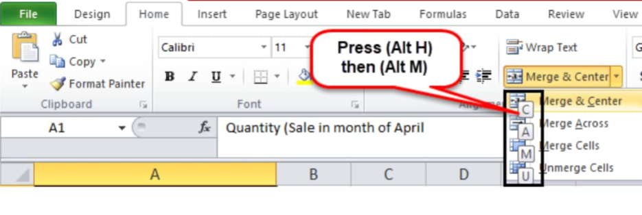 shortcut for merge and center in excel 201