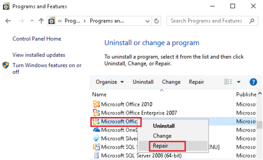 microsoft office programs not responding