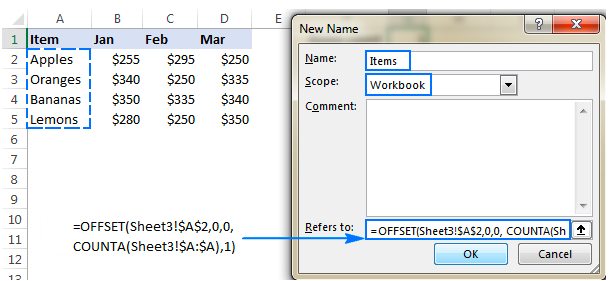 using offset and counta for dynamic chart excel in mac