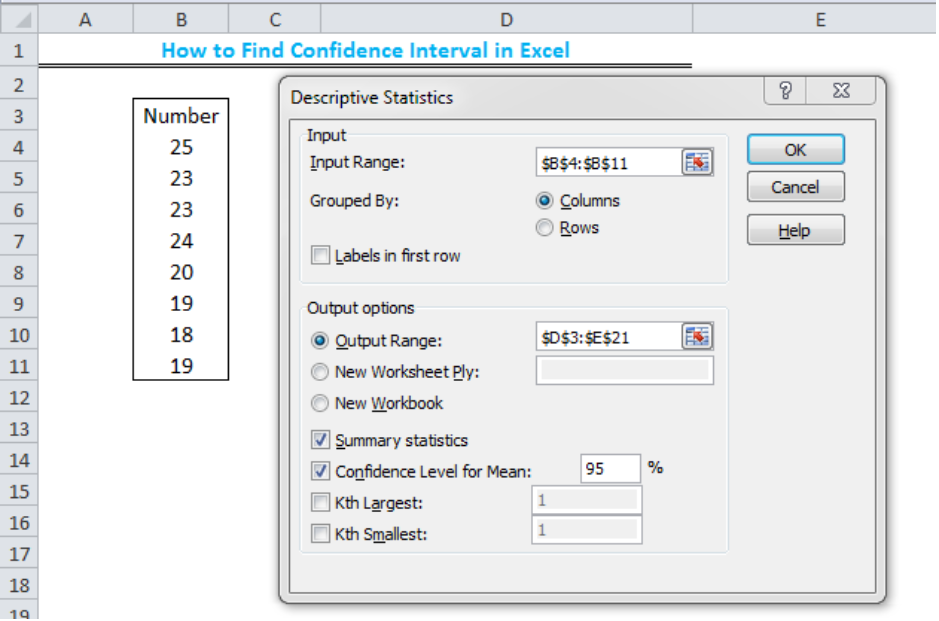 statistical analysis in excel definitions confidence level