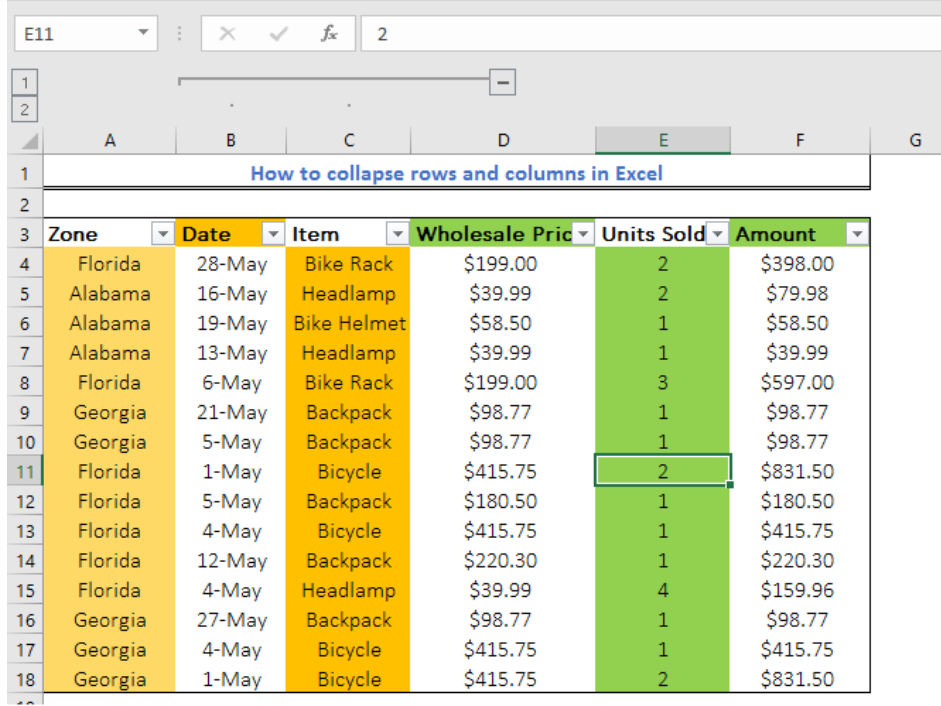 How do i collapse sections 2025 to show totals in excel