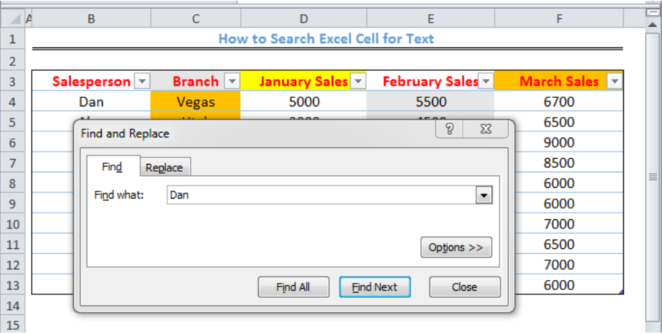 excel search cell for word