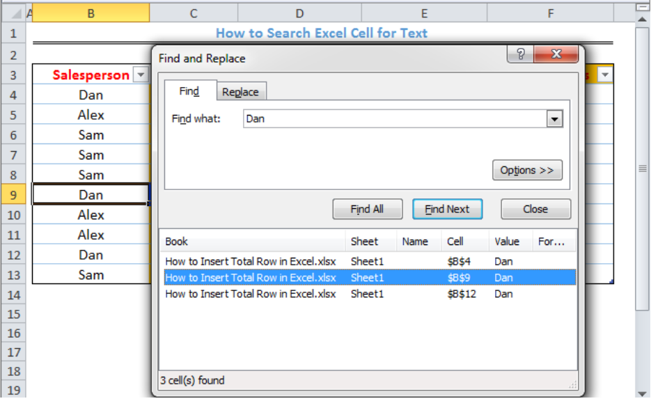 excel search cell for word