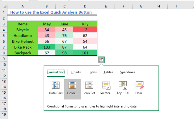 excel quick analysis button