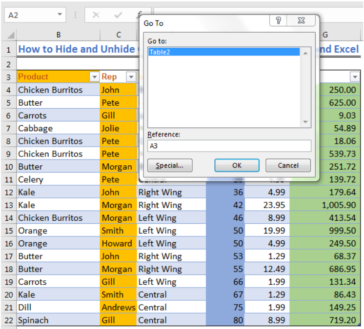 how do i unhide first column in excel