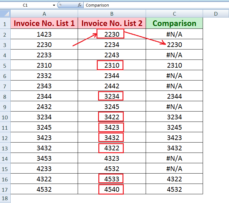 compare two columns in excel for matches